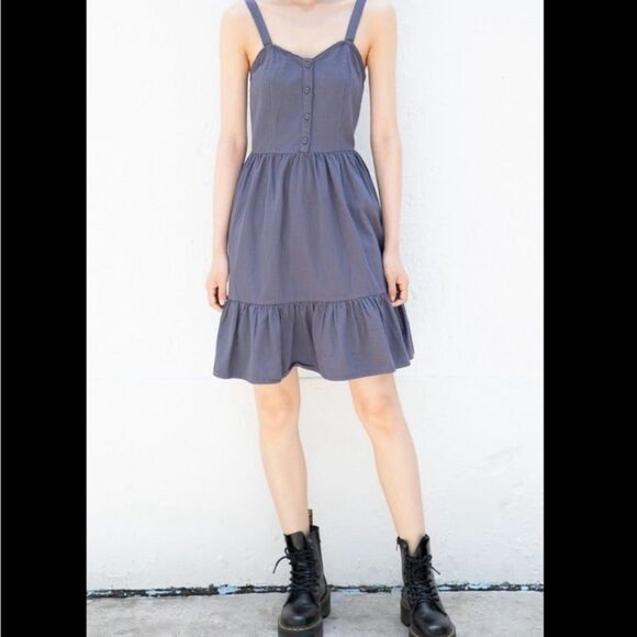 BRANDY MELVILLE Navy Gray Tianna Button Up Ruffle Mini Dress- One Size - Picture 1 of 11